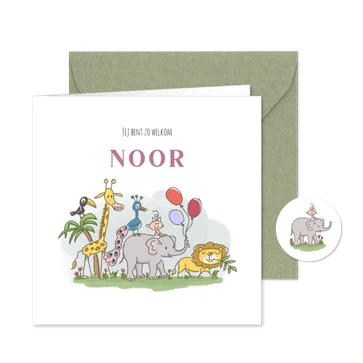 Geboortekaartje met meisje op olifant met wilde dieren